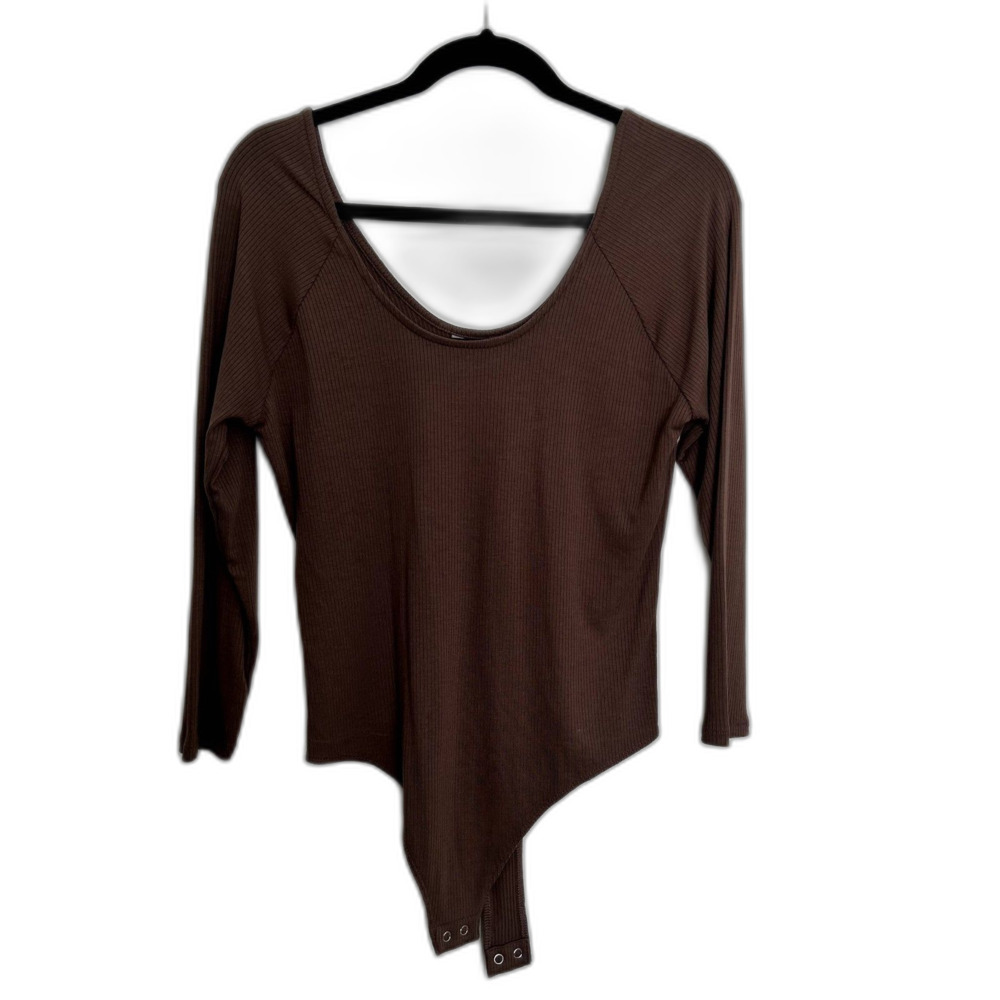 NWT Banana Republic Womens Ribbed Ballet-Neck Bodysuit Large Scoop-neck Brown
